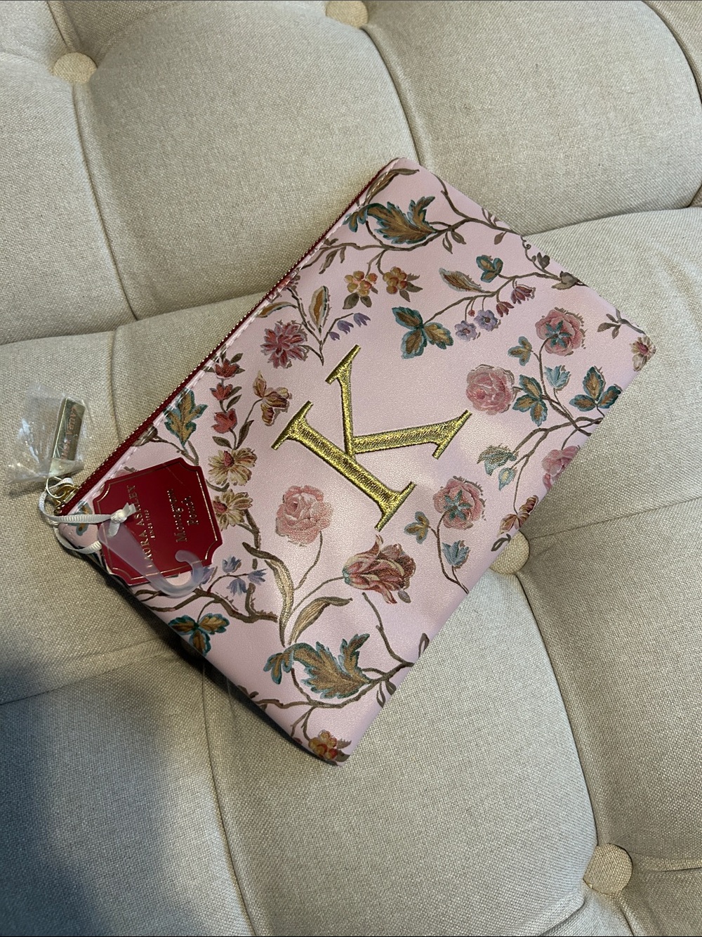 Laura Ashley Pink Floral Cosmetic Pouch with Gold 'K' Accent